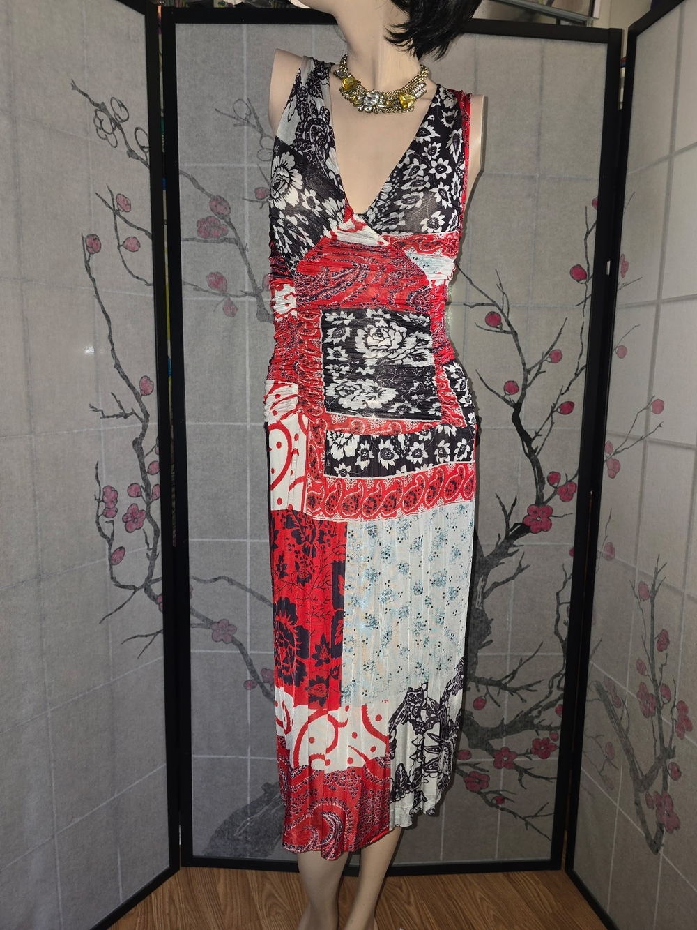 Etro Sleeveless Patchwork Maxi Dress in Red, Black & White